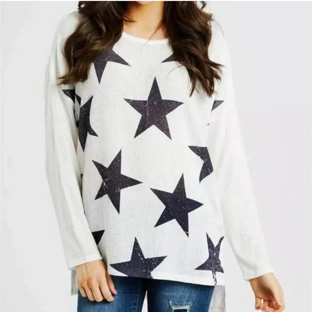 Star Print Long Sleeve Sweater Top Memorial Day 4th of July Starry Oversized - Picture 3 of 11